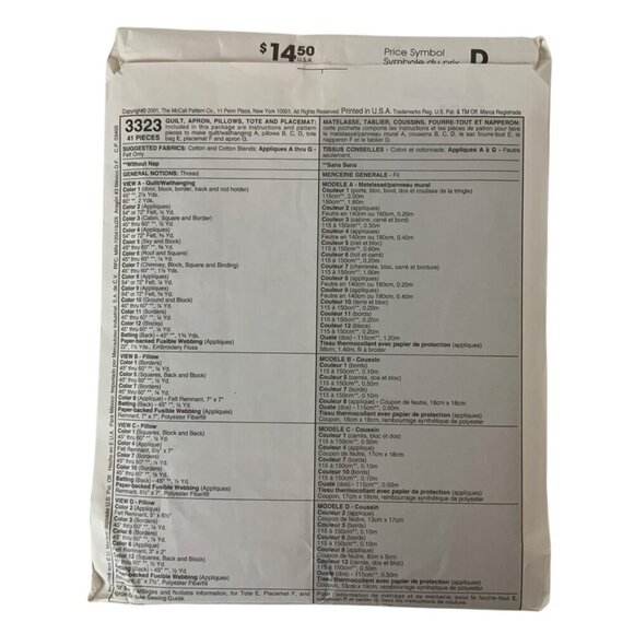 McCalls Crafts 3323 American Tradition Quilt Apron Pillow Sewing Pattern 2001 - Picture 2 of 3